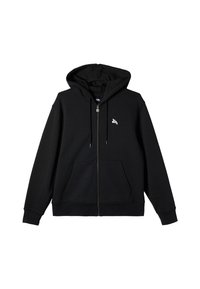 Black zip-up hoodie made of soft fabric, featuring a front pouch pocket, drawstring hood, and a small white logo on the left chest.