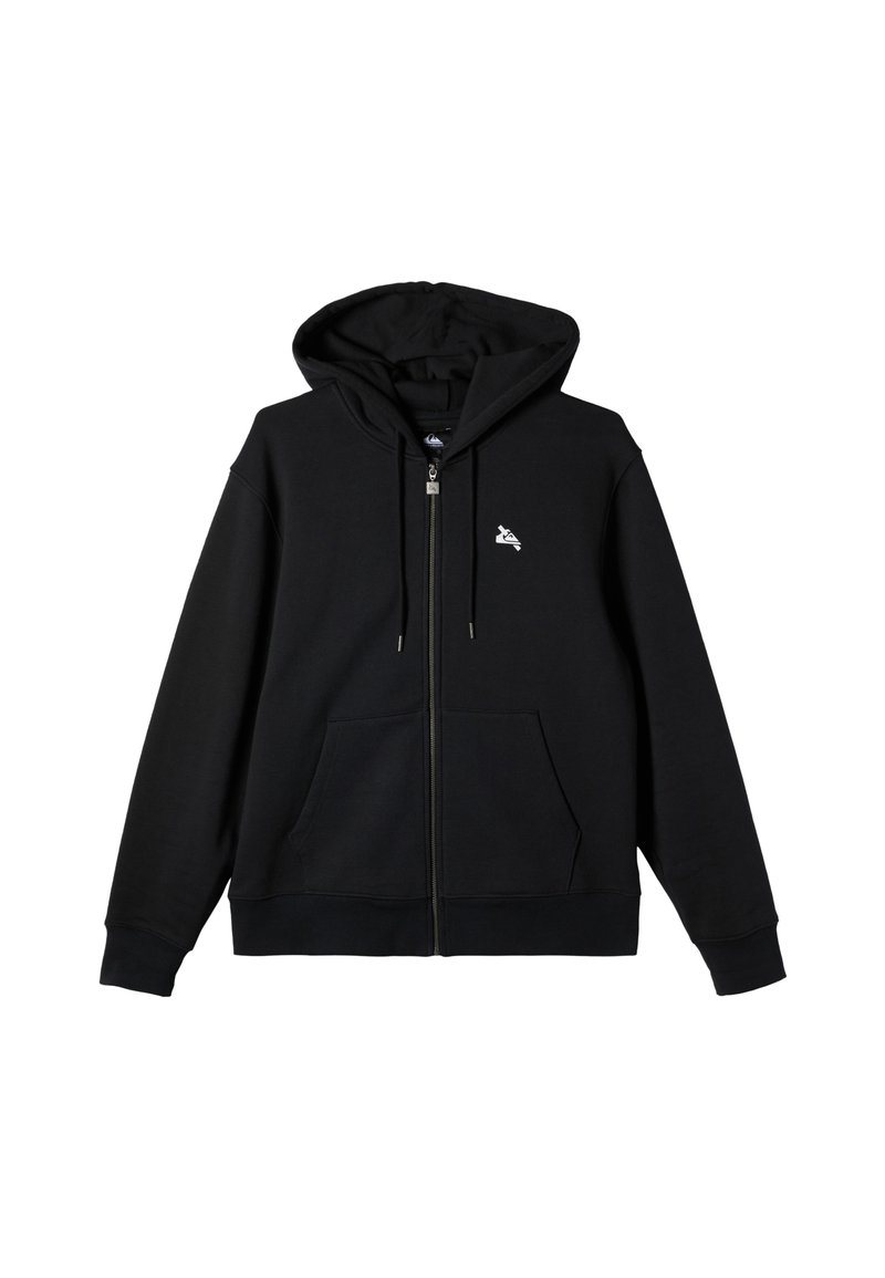 Black zip-up hoodie made of soft fabric, featuring a front pouch pocket, drawstring hood, and a small white logo on the left chest.