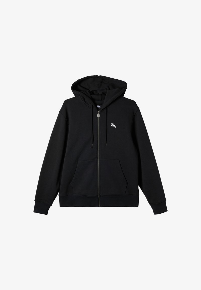Black zip-up hoodie made of soft fabric, featuring a front pouch pocket, drawstring hood, and a small white logo on the left chest.