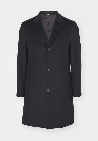 Manteau en laine noir avec col à revers, fermeture à cinq boutons, deux poches avant et doublure intérieure lisse. Design simple et ajusté.