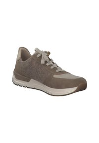 Sneaker in suede marrone con pannelli laterali in lana grigia, lacci testurizzati e suola ammortizzata. Caratterizzato da un design elegante e una palette di colori neutri.