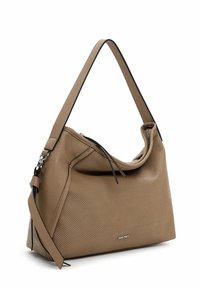 Tan perforated leather shoulder bag with a slouchy design, black trim, detachable strap, and silver logo accent on the front.