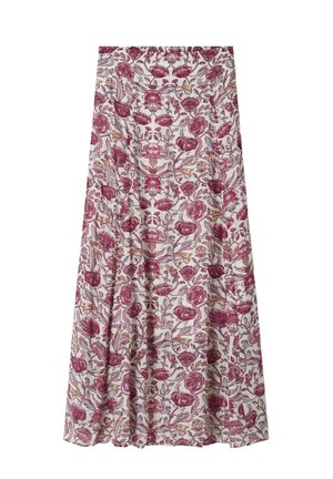 Jupe longue évasée avec un motif floral rose et violet sur fond blanc, dotée d'une taille haute et d'un tissu fluide.
