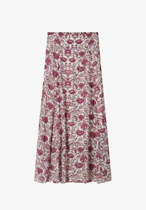 Long A-line skirt with pink and purple floral pattern on a white background, featuring a high waist and flowy fabric.