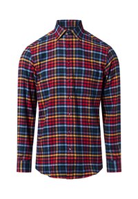 Heren overhemd met lange mouwen in een geruit patroon in rode, blauwe en gele tinten, met een button-down kraag en donkergekleurde knopen, gemaakt van zachte stof.