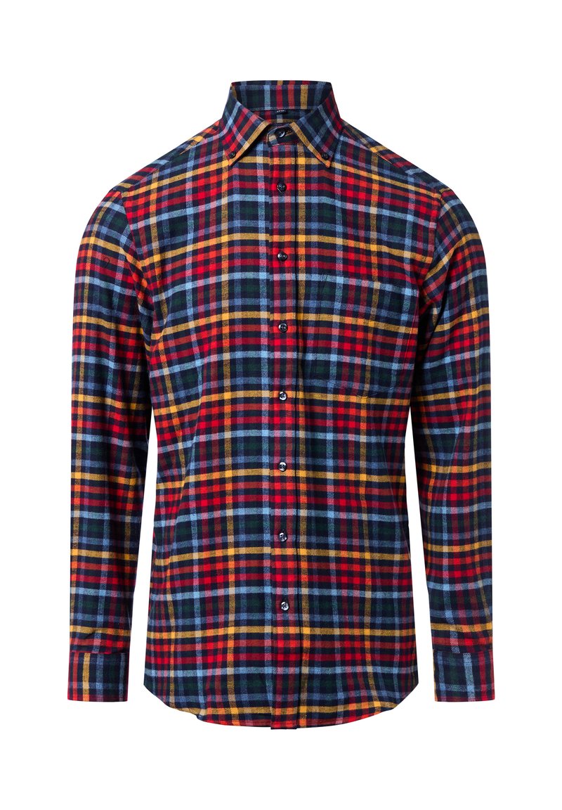 Heren overhemd met lange mouwen in een geruit patroon in rode, blauwe en gele tinten, met een button-down kraag en donkergekleurde knopen, gemaakt van zachte stof.