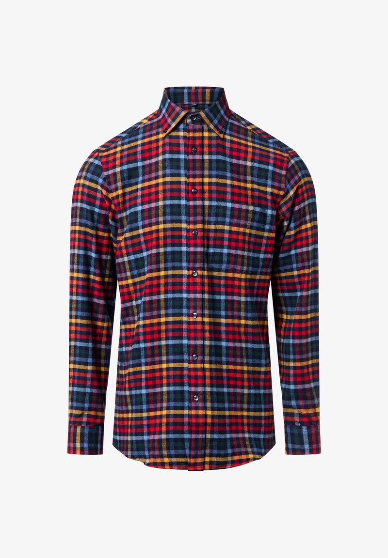 Camicia a maniche lunghe da uomo a quadri nei toni del rosso, blu e giallo, con colletto button-down e bottoni scuri, realizzata in tessuto morbido.