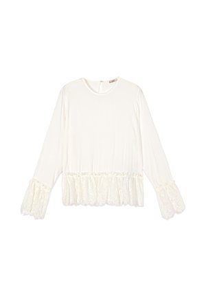 Weiße langärmelige Bluse mit rundem Ausschnitt, Spitzenvolant-Details am Saum und an den Ärmelbündchen, Knopfverschluss mit Schlüsselloch am Rücken.