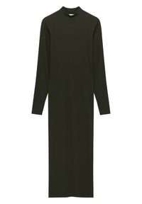 Robe en maille vert foncé à manches longues, avec un col montant et une coupe droite jusqu'aux chevilles.