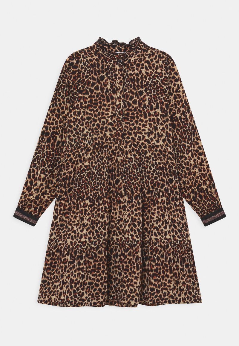 Robe à manches longues, à volants, avec motif léopard et col montant boutonné, équipée de poignets noirs avec un détail subtil scintillant.