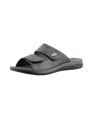 Sandalo tipo slide grigio con punta aperta, due cinturini in velcro regolabili e suola texturizzata per uso casual.