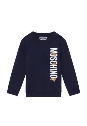 Laivastonsininen vauvan collegepaita, jossa pystysuora valkoinen "MOSCHINO"-teksti ja kaksi pientä nallekarhuaiheista kuvitusta etuvasemmalla puolella.