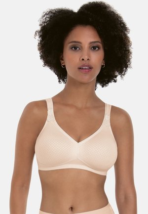 Reggiseno beige con un motivo testurizzato, ricami floreali sulle spalline e design a scollo a V. Tessuto liscio e spalline larghe per un supporto ottimale.