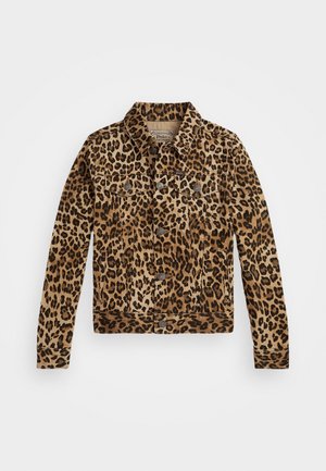 Chaqueta de mezclilla con estampado de leopardo que presenta un cuello con solapas, cierre de botones, bolsillos en el pecho y mangas largas, con un acabado de tela texturizada.