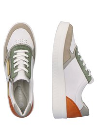 Sneakers featuring a white leather upper, green and tan accents, orange heel detail, and a zipper on the side. Textured rubber sole.