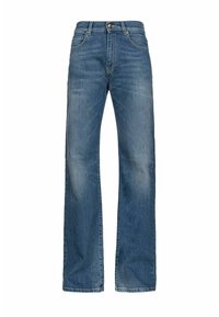 Světle modré džíny z denimu se rovnými nohavicemi, vysokým pasem a pětikorunovým designem. Obsahují jemné blednutí a zapínání na přední knoflík.