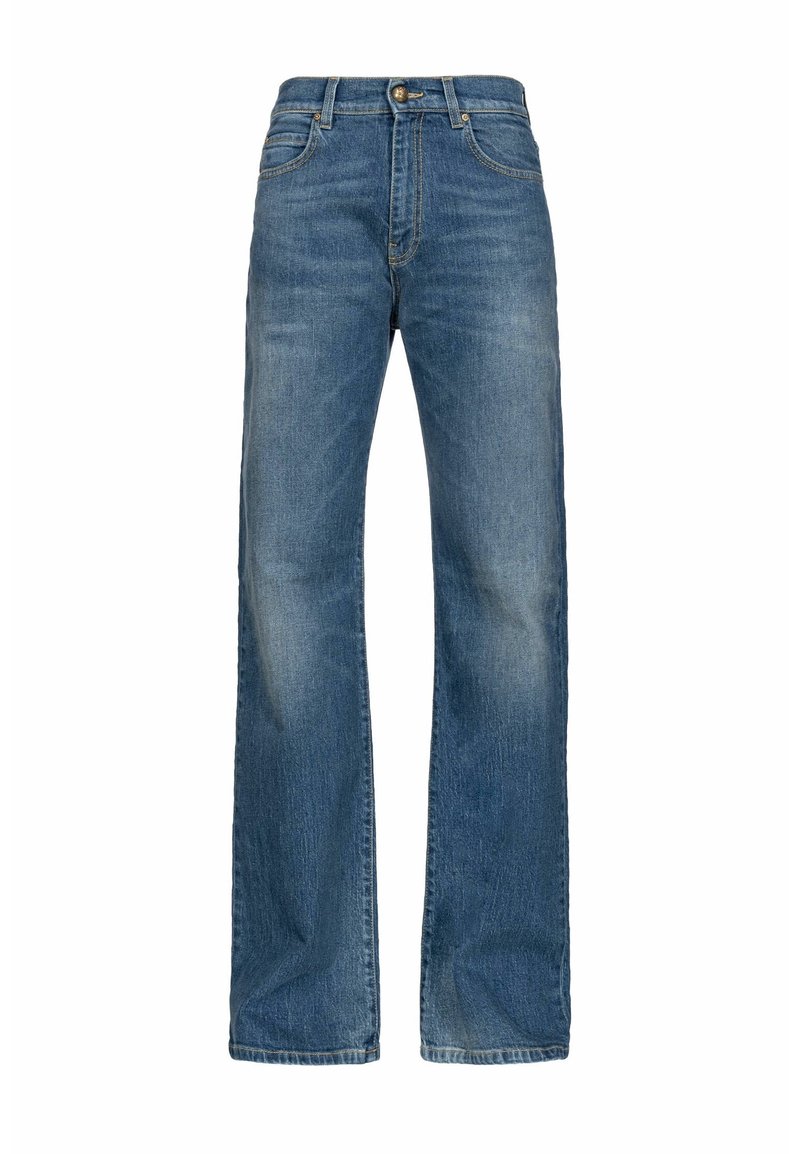 Světle modré džíny z denimu se rovnými nohavicemi, vysokým pasem a pětikorunovým designem. Obsahují jemné blednutí a zapínání na přední knoflík.