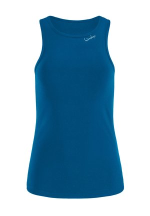 Blå ärmlös tanktop i mjukt tyg, med rund halsringning och en liten logotypdetalj nära axeln. Enkelt design.