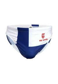 Maillots de bain blancs et bleu marine avec un design géométrique audacieux, arborant un logo rouge "MR UKKO" à l'avant. Texture de tissu lisse.