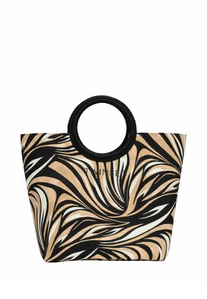Borsa a mano con motivo astratto a vortice nei colori nero, beige e bianco e manici rotondi in tessuto nero intrecciato.