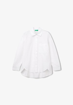 White long-sleeve button-up shirt with collar, single chest pocket, curved hem, and cuffs on plain white background.