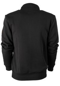 Sudadera negra con cuello alto, mangas largas y puños y dobladillo acanalados. El material parece suave y tiene una textura lisa.