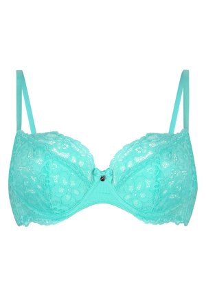 Een turquoise kant beha met een bloemenpatroon en verstelbare bandjes, voorzien van een kleine strik en decoratieve hardware in het midden.