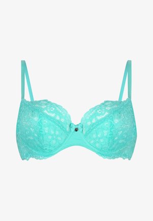 Een turquoise kant beha met een bloemenpatroon en verstelbare bandjes, voorzien van een kleine strik en decoratieve hardware in het midden.