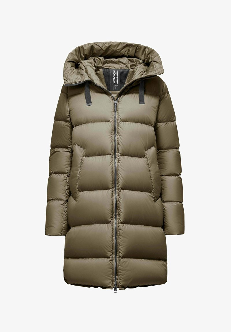 Long olive green padded winter coat with hood, front zipper, side pockets, and black drawstrings on the hood.