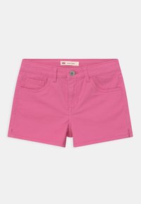 Rosa denimshorts med en figurnära skärning, som har en framknäppning, två framfickor och en sydd midjedetalj.