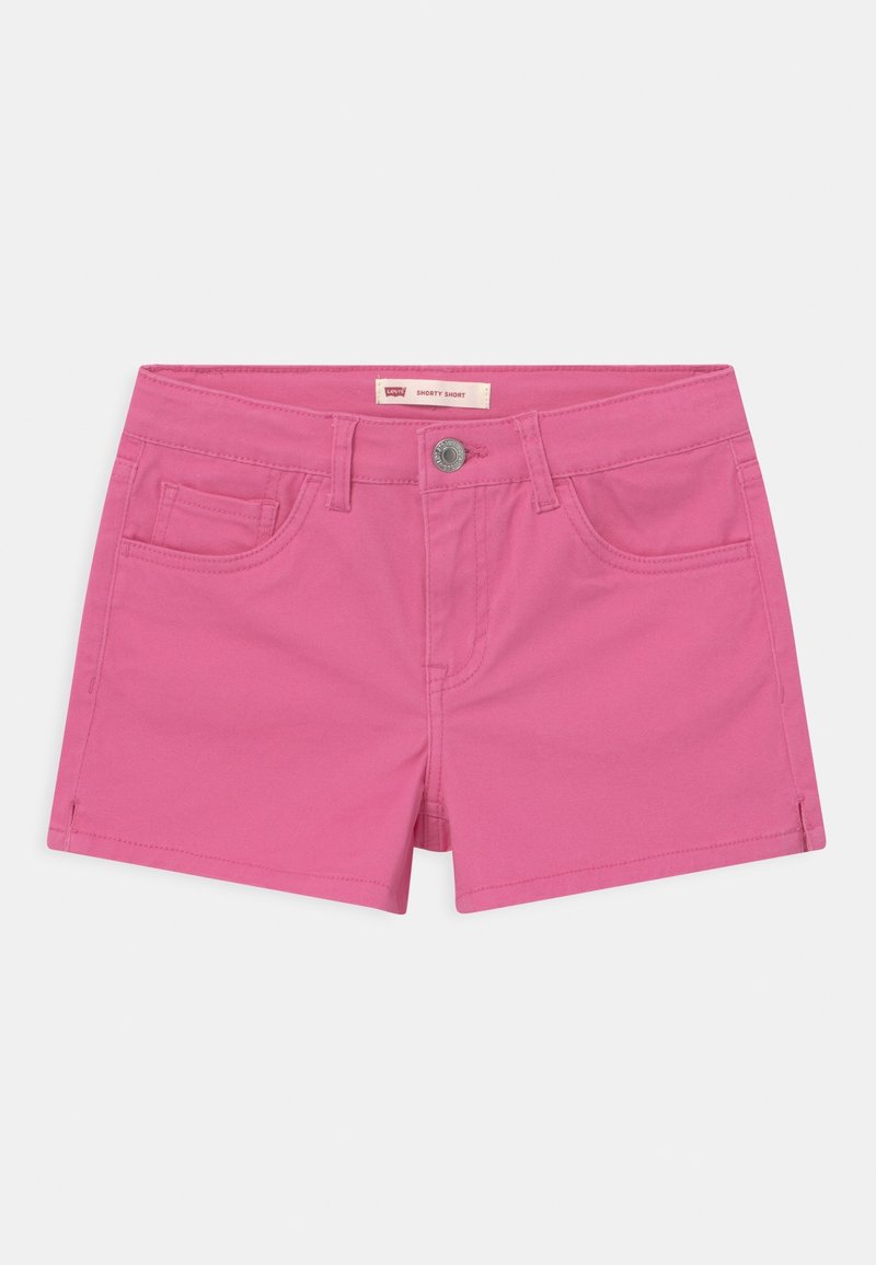 Rosa denimshorts med en figurnära skärning, som har en framknäppning, två framfickor och en sydd midjedetalj.