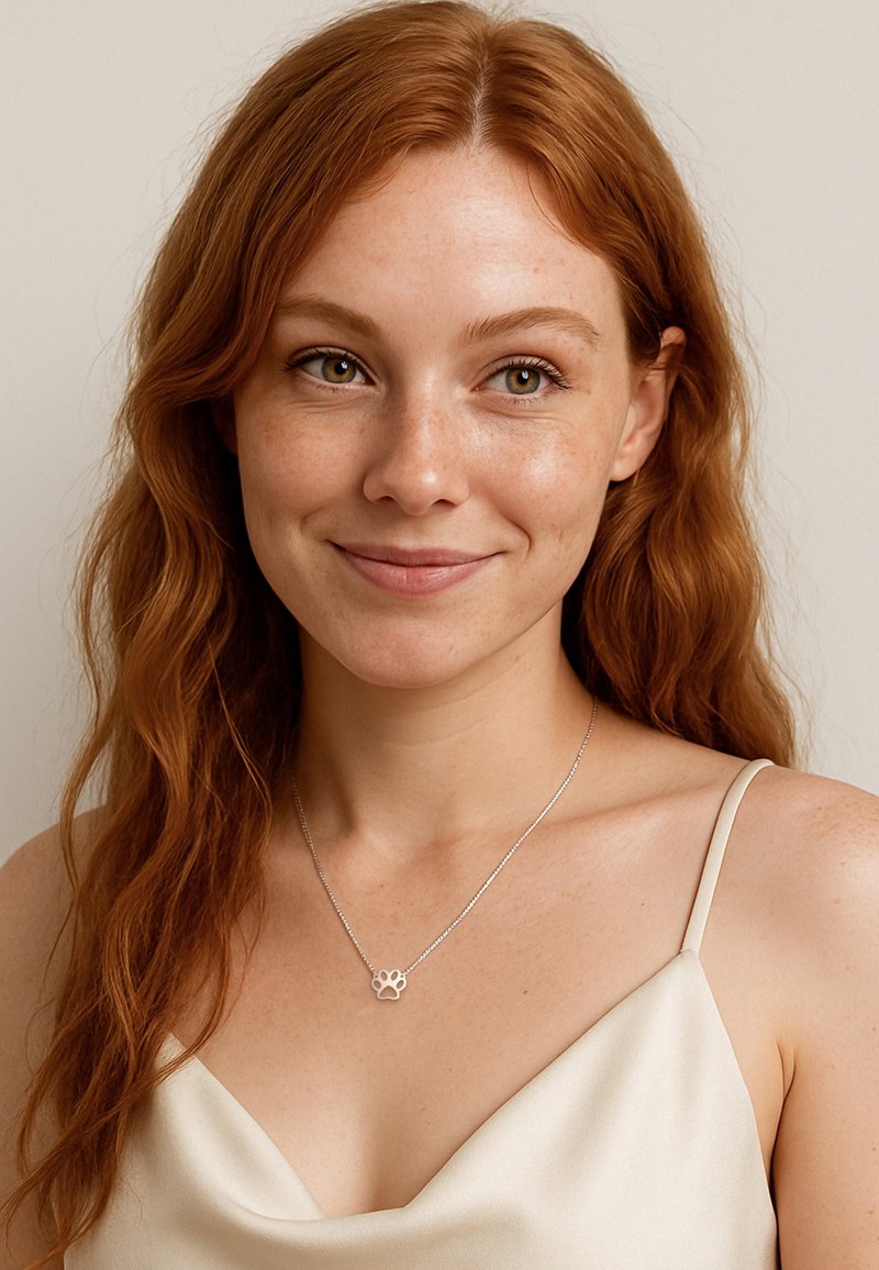 Silverhalsband med en tassavtryckspendel, bärs över en ljusbeige topp. Modellen har vågigt, rött hår och naturlig sminkning.