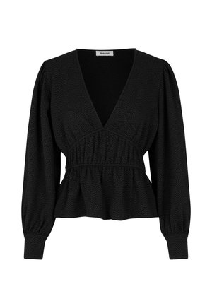 Black blouse with a deep V-neck, long puffed sleeves, elastic waistband, and textured fabric featuring subtle patterns. Peplum hem design.