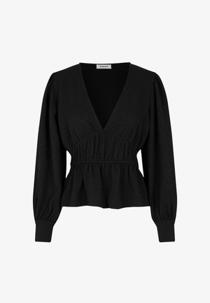 Bluză neagră cu decolteu adânc în V, mâneci lungi puff și talie elastică, dintr-un material texturat cu modele subtile. Design cu tiv peplum.