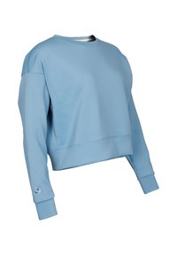 Ljusblå kort sweatshirt med långa ärmar, ribbade mudd och rund halsringning. Slät, något elastisk tyg med minimal design.