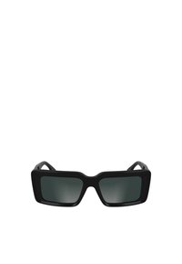 Ochelari de soare rectangulări negri cu lentile plate, rame groase din plastic și un pod ușor rotunjit; lentile gri închis reflectorizante.
