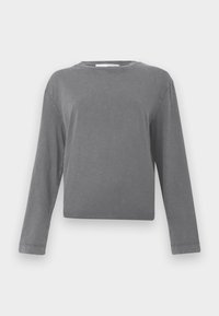 Long-sleeve, plain gray crewneck shirt with a slightly washed fabric texture, displayed against a white background.