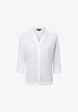 Witte overhemd met kraag, driekwartmouwen en een gladde textuur. Heeft een rij knopen aan de voorkant en een rechte zoom.
