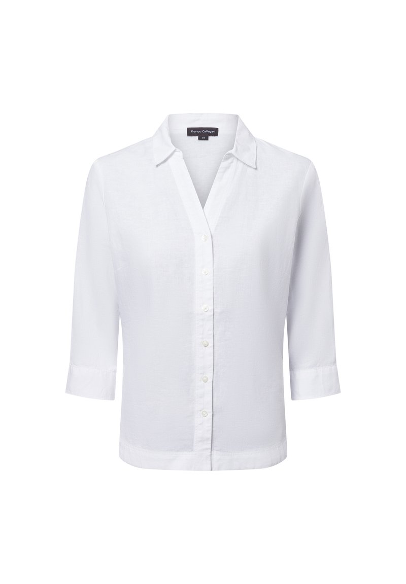 White button-up shirt with a collar, three-quarter sleeves, and a smooth texture. Features a row of buttons down the front and a straight hem.