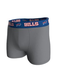 Boxer grigi con una fascia in vita blu con la scritta "BILLS" in rosso e un logo di un bufalo. Il materiale sembra liscio con un design aderente.
