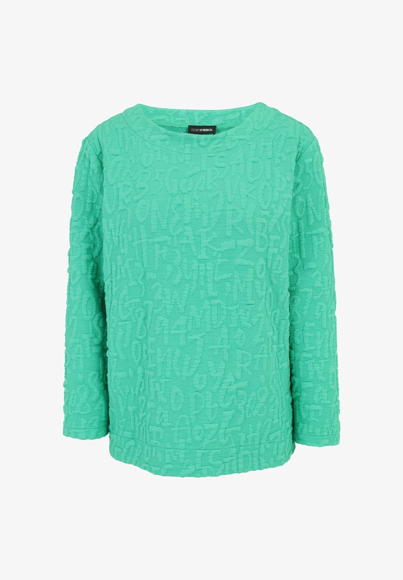 Turquoise long-sleeve shirt featuring a textured pattern of letters and numbers, with a round neckline and a relaxed fit.
