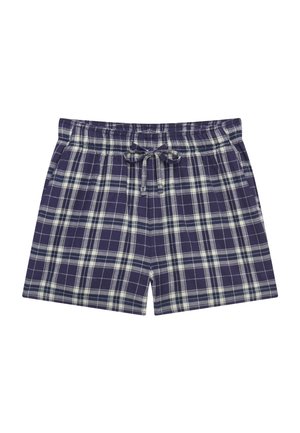 Marineblauwe en witte geruite katoenen shorts met elastische tailleband en vooraan verstelbaar trekkoord, ontworpen voor casual draagcomfort.