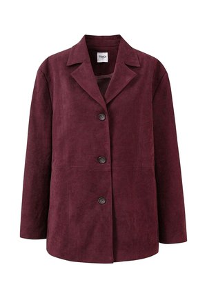 Dunkelrot-bordeauxfarbene Wildlederjacke mit breiten Revers, drei vorderen Knöpfen, langen Ärmeln und geradem Saum.