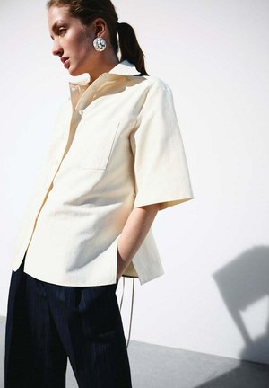 Mujer con coleta que lleva una camisa corta de manga corta de color crema de gran tamaño, grandes pendientes redondos de plata y pantalones oscuros a rayas, de pie contra un fondo liso.