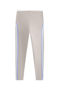 Leggings de sport beige clair avec des rayures verticales bleues et blanches le long des côtés extérieurs, présentés sur fond blanc.