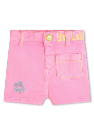 Shorts en denim rose avec des coutures jaunes, présentant une broderie de fleur sur le devant gauche et "B.L.E." brodé sur la ceinture.