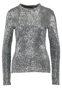 Silberner Paillettentop mit langen Ärmeln und rundem Halsauschnitt, der ein strukturiertes Muster aus schimmernden Pailletten auf einem gerippten Stoff zeigt.