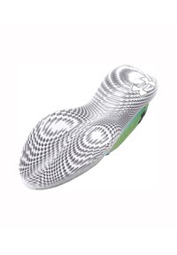 Sottopiede con superficie bianca testurizzata caratterizzata da un motivo geometrico. Accent verde sul lato. Forma curva per un design ergonomico.