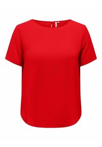 Blusa corta de manga corta roja con cuello redondo y cierre con botón en forma de llave en la parte trasera, hecha de una tela ligera y texturizada.