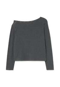 Dark gray, long-sleeve top with a wide off-shoulder neckline, featuring silver metal snaps along the neckline and a cropped design.